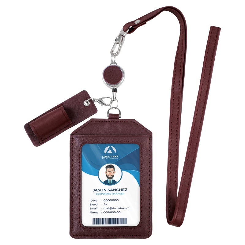 boshiho Office Badge Holder - Boshiho Genuine Leather Credit ID Card Holder with Stretch Neck Lanyard Vertical Style (Wine) - Image 1